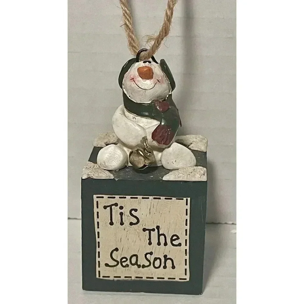 Vintage Snowman Tis The Season Block Christmas Ornament 4” High
